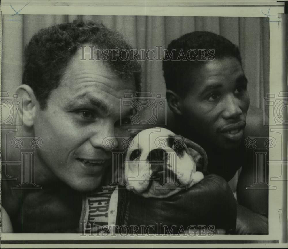 1967 Press Photo Boxers Carlos Ortiz and Ismael Laguna with dog Mrs. Chips- Historic Images