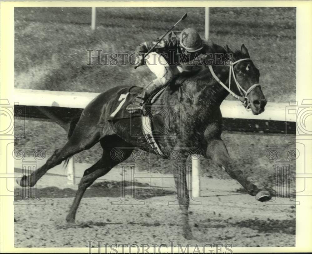 1990 Press Photo Jockey encourages race horse to keep going down the stretch- Historic Images