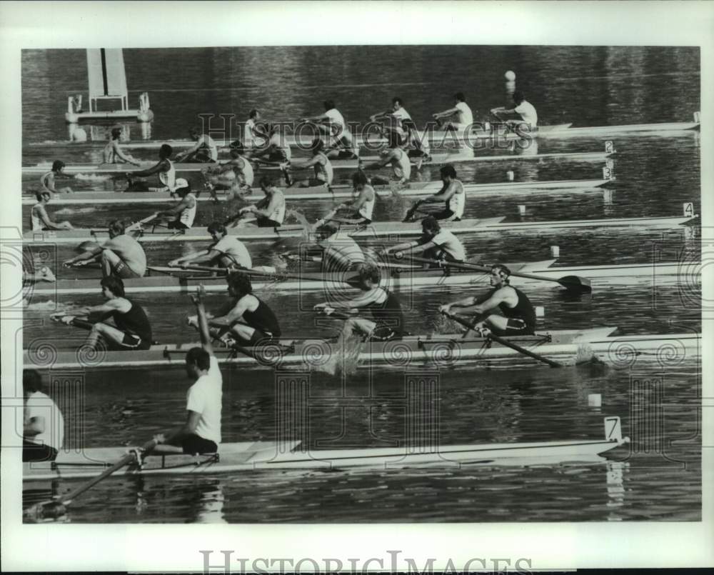 1984 Press Photo Rowers in action at Olympic venue Lake Casitas - nos27346- Historic Images