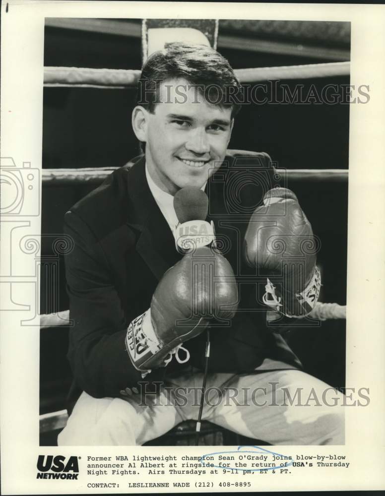 1989 Press Photo Former WBA boxing champion Sean O&#39;Grady sits in ring for promo- Historic Images