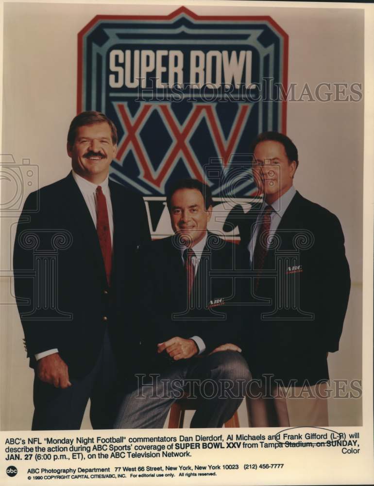 1990 Press Photo ABC NFL broadcasters Dan Dierdorf, Al Michaels &amp; Frank Gifford- Historic Images