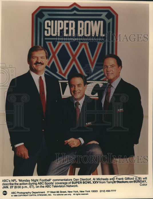 1990 Press Photo ABC NFL broadcasters Dan Dierdorf, Al Michaels & Frank Gifford- Historic Images
