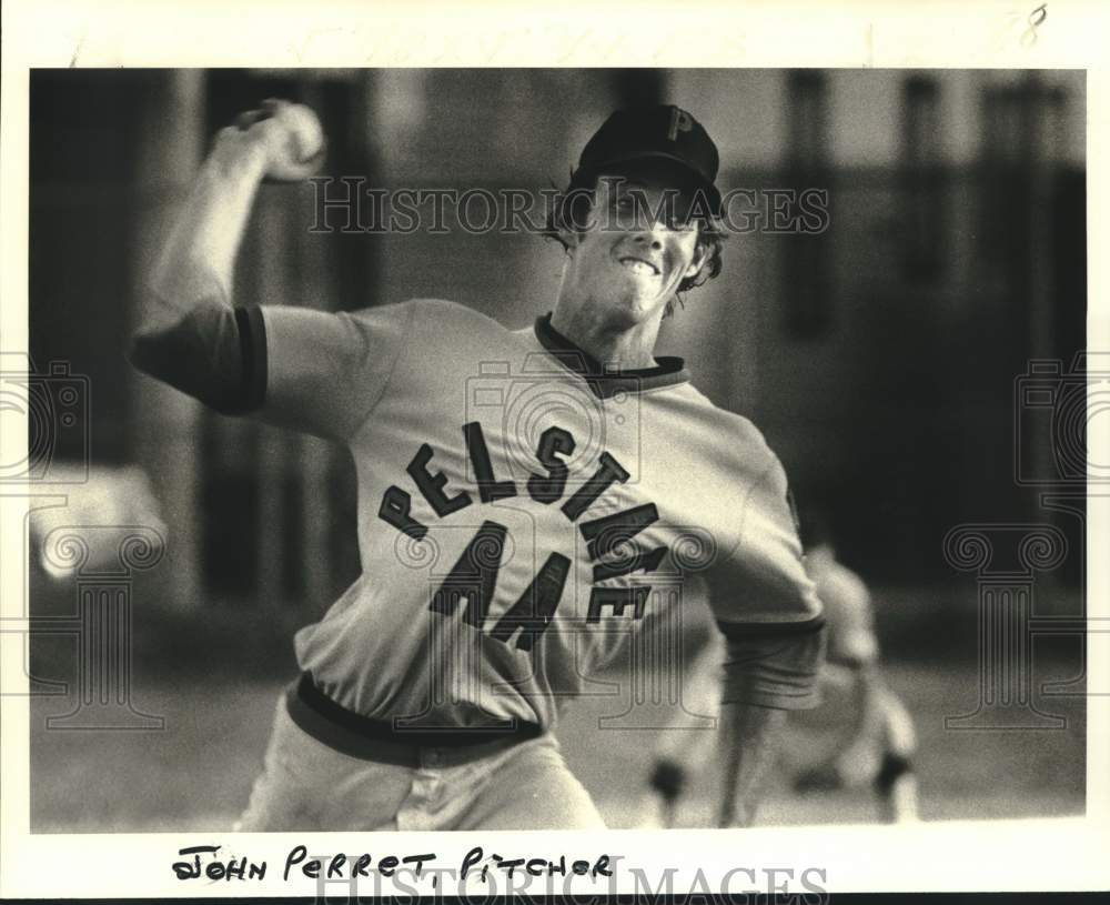 1979 Press Photo Pelstate baseball pitcher John Perret throws pitch in game- Historic Images