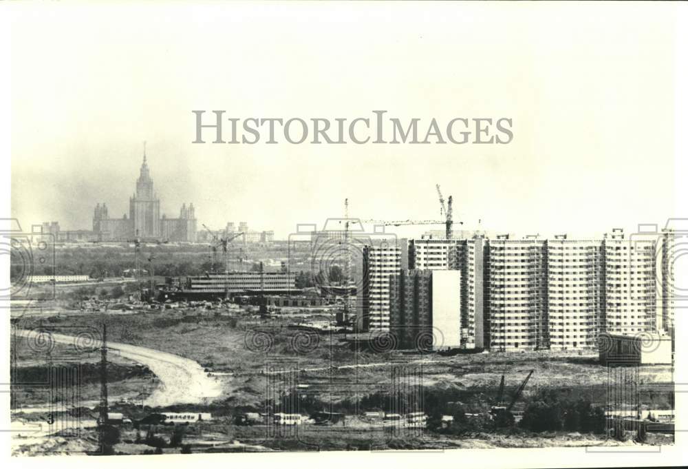 Press Photo Cranes dot landscape of Russian Olympic Village venue - nos28441- Historic Images