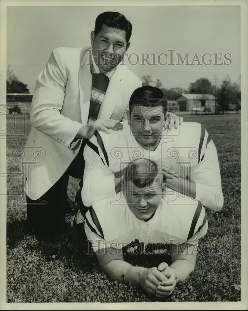 1967 Press Photo U-Mississippi football coach Ray Poole &amp; players Price &amp; Benton- Historic Images