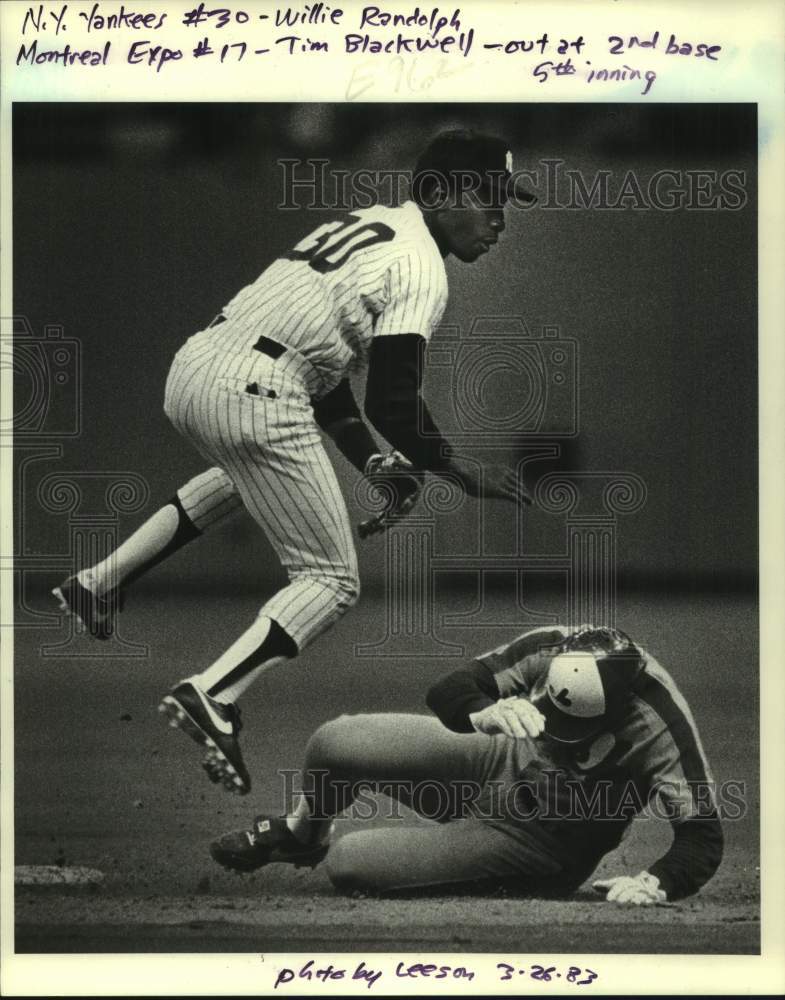 1983 Press Photo Baseball NY Yankees Willie Randolph &amp; Montreal&#39;s Tim Blackwell- Historic Images