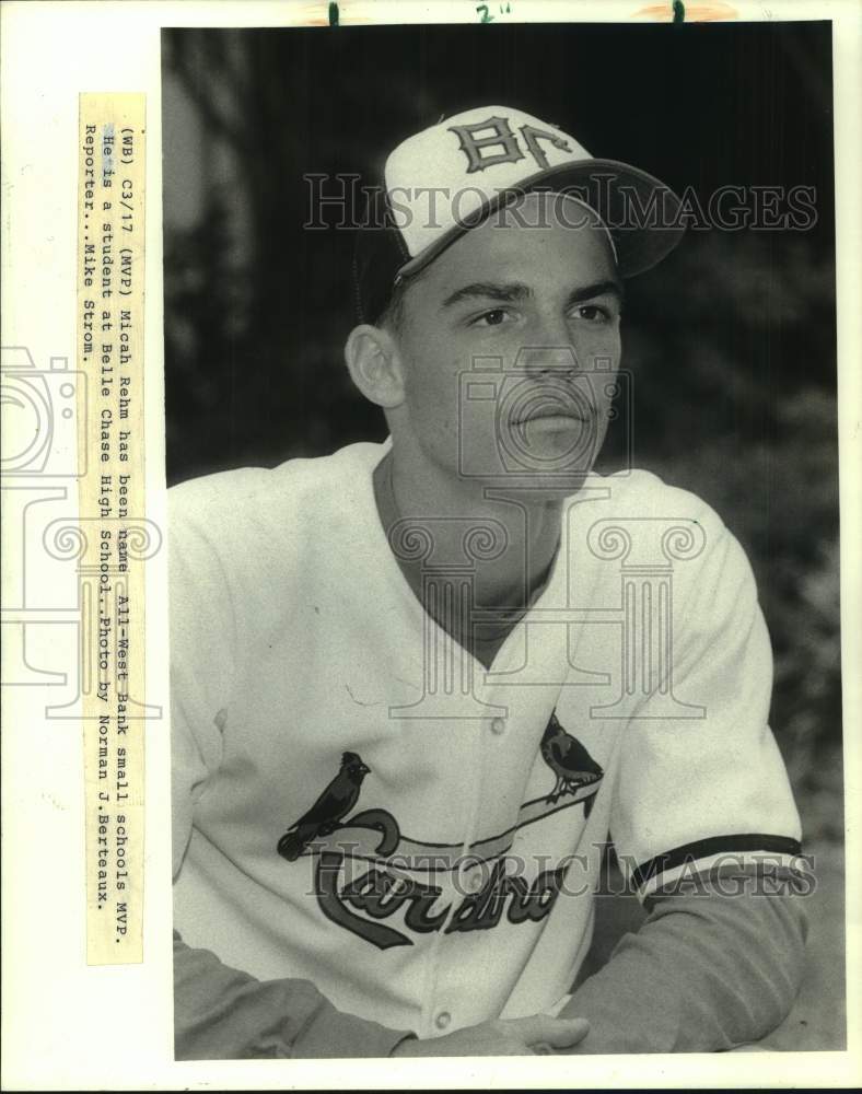 1989 Press Photo Belle Chase baseball player Micah Rehm named MVP - nos29293- Historic Images