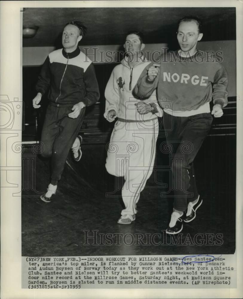 1955 Press Photo Runners Gunnar Neilsen, Wes Santee &amp; Audun Boysen run in NY- Historic Images