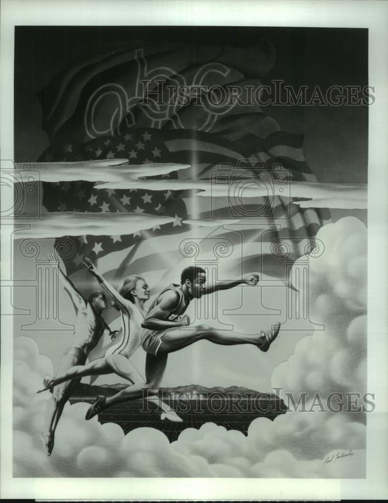 1984 Press Photo Artwork &quot;Runner&#39;s Road to LA&quot; for 1984 Summer Olympics in LA- Historic Images