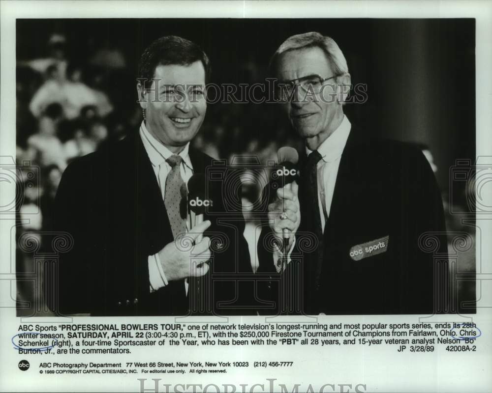 1989 Press Photo ABC Sports Bowlers announcers Chris Schenkel &amp; Nelson Burton Jr- Historic Images