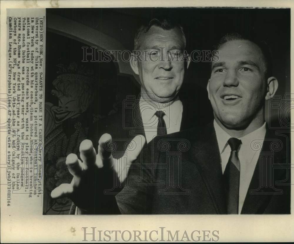 1964 Press Photo Tulsa college football player Jerry Rhome and coach Glenn Dobbs- Historic Images