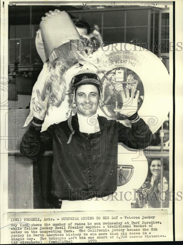 1970 Press Photo Water Dumped on Jockey Ray York at Turf Paradise in Phoenix- Historic Images