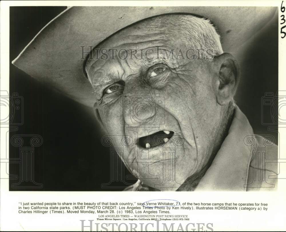 1983 Press Photo Verne Whitaker, Operates Horse Camps in California State Parks- Historic Images