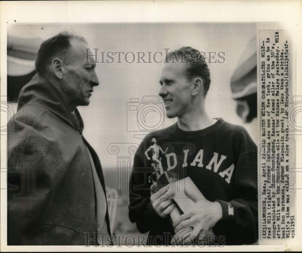 1951 Press Photo Race Car Drivers Fred Wilt, Glenn Cunningham at Kansas Relays- Historic Images