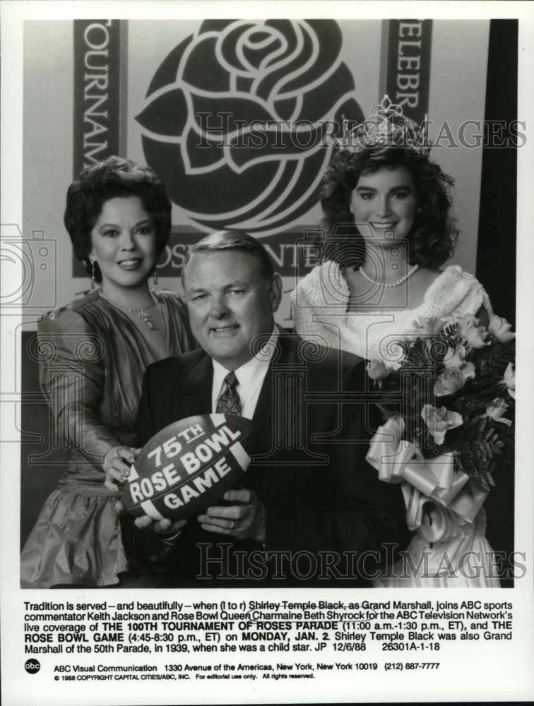 1988 Press Photo Shirley Temple, Keith Jackson, Beth Shyrock on Rose Bowl Game- Historic Images