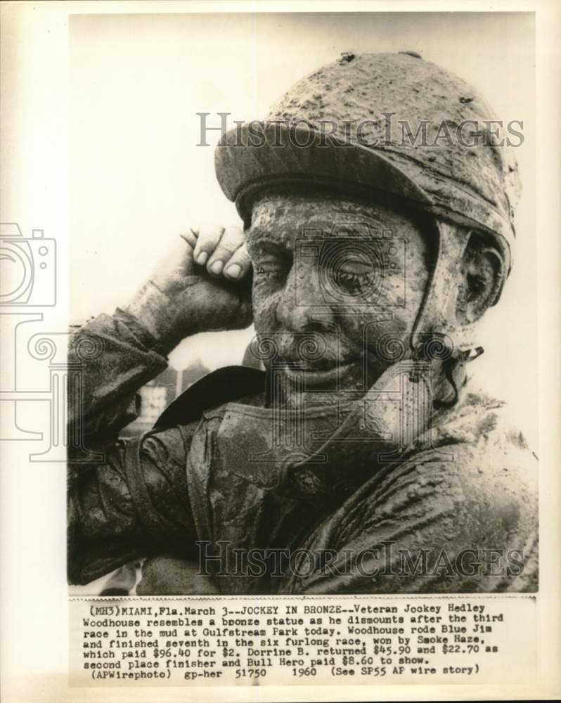 1960 Press Photo Jockey Hedley Woodhouse Covered in Mud at Gulfstream Park- Historic Images