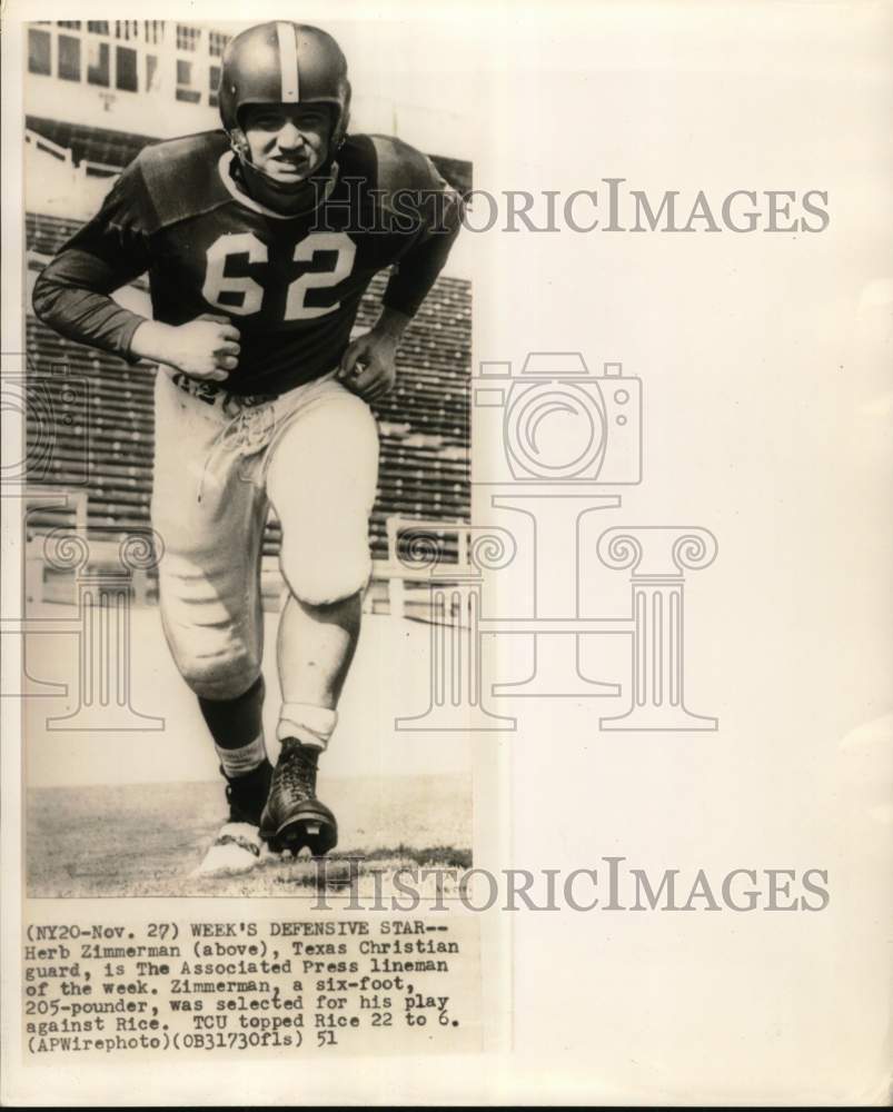 1951 Press Photo Herb Zimmerman, Texas Christian Football Guard - nos33694- Historic Images