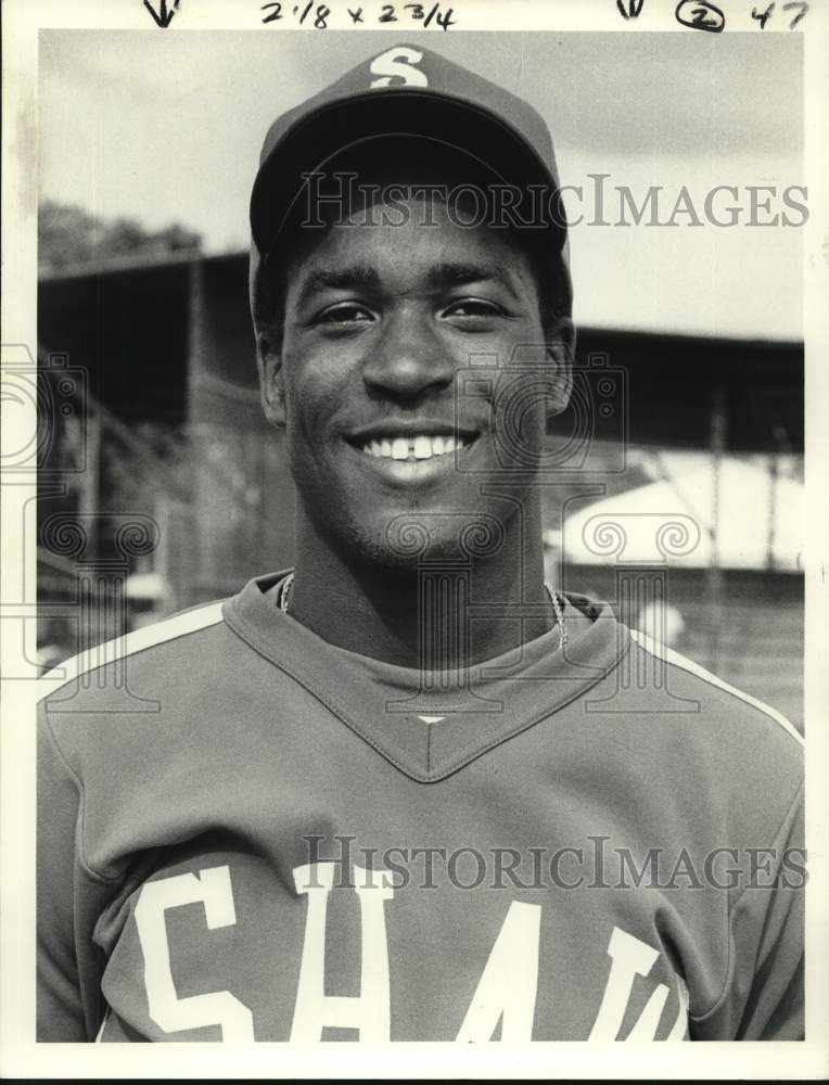 1985 Press Photo David Smith, Shaw&#39;s baseball catcher - nos34629- Historic Images