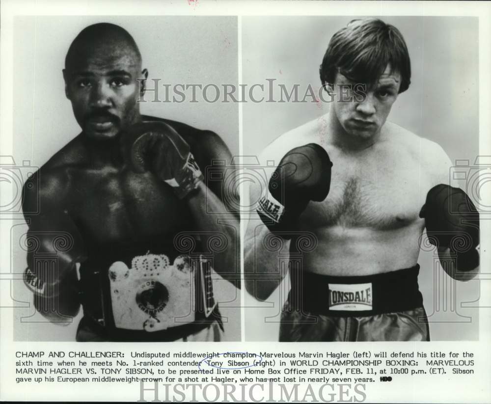 1983 Press Photo Marvelous Marvin Hagler meets Tony Sibson, World Champ Boxing- Historic Images