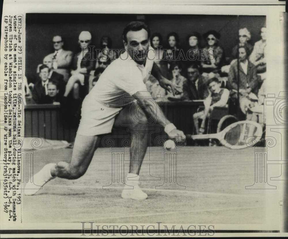 1967 Press Photo Tennis Player Vic Seixas Returns Ball at Wimbledon - nos36612- Historic Images