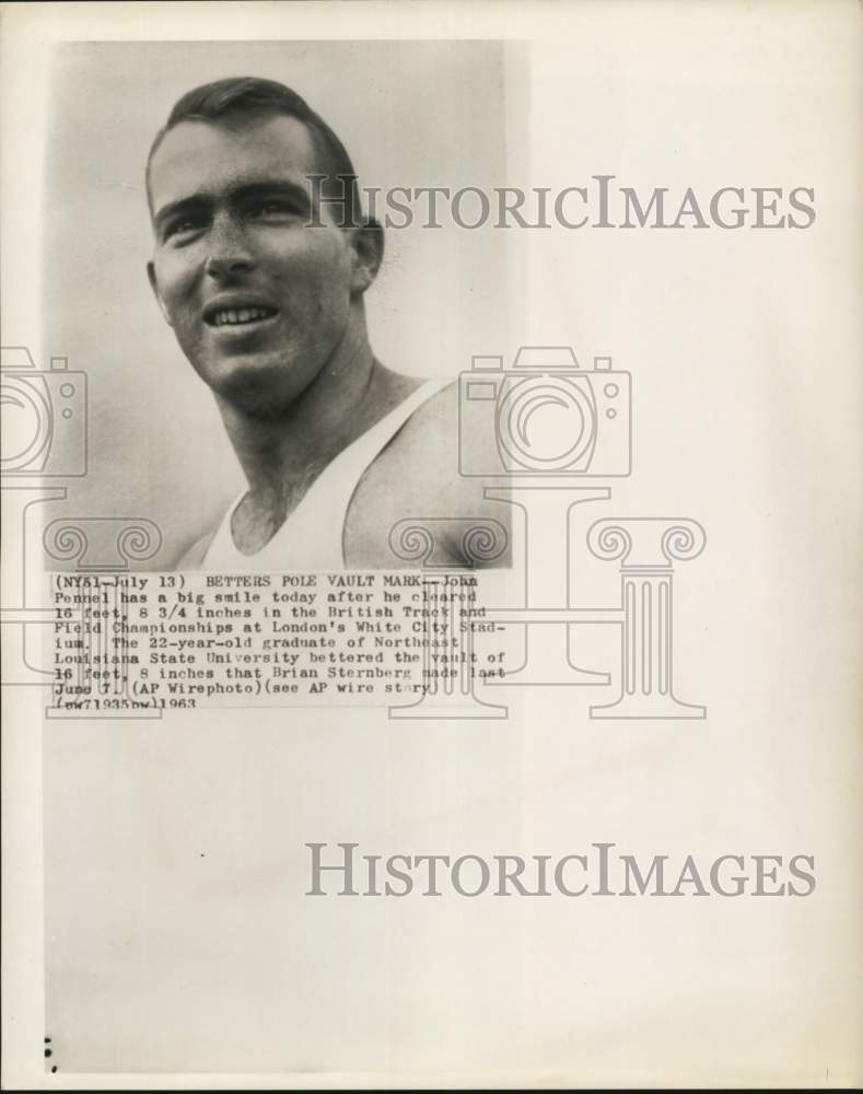 1963 Press Photo John Pennel Smiles after 16-foot, 8-3/4 Inch Pole Vault, London- Historic Images