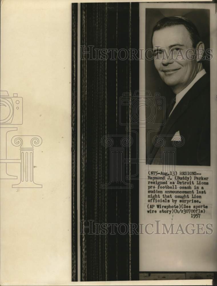 1957 Press Photo Buddy Parker announced resignation from Detroit Lions coaching.- Historic Images