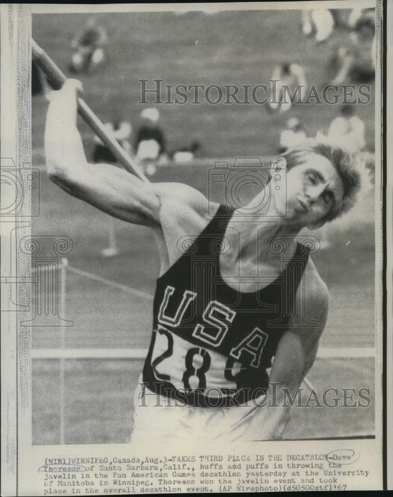 1967 Press Photo Dave Thoresor throws Javelin in Pan American Games Decathlon- Historic Images