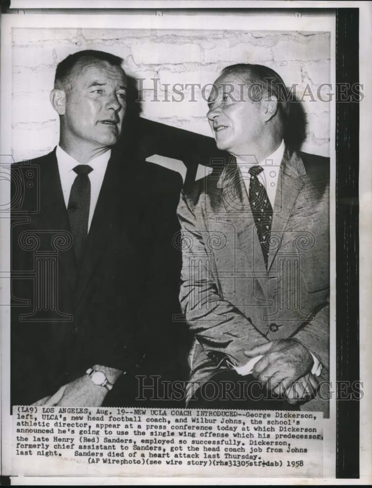 1958 Press Photo George Dickerson, Wilbur Johns at Los Angeles Press Conference- Historic Images