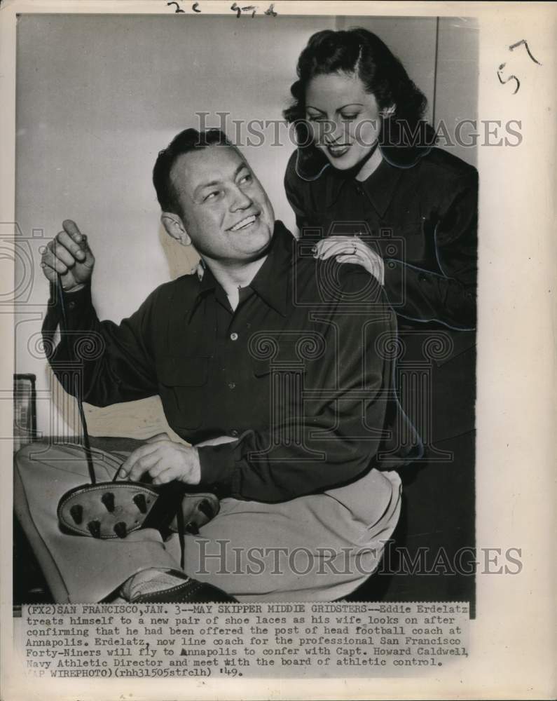 1949 Press Photo Football Eddie Erdelatz with Wife in San Francisco- Historic Images