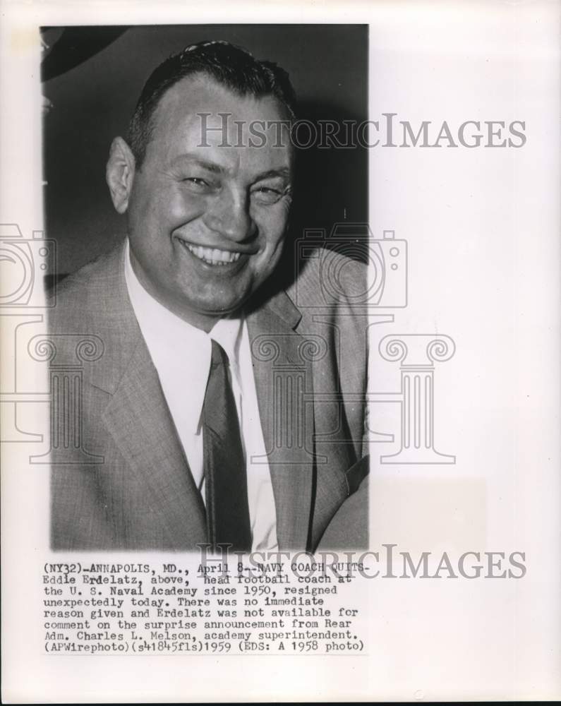 1958 Press Photo Eddie Erdelatz, U.S. Naval Academy Football in Maryland- Historic Images