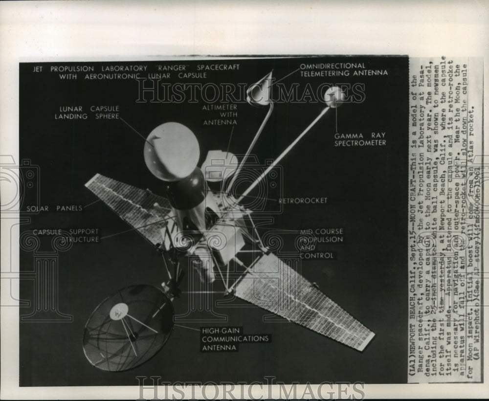 1961 Press Photo Ranger Spacecraft Model Pasadena California - nosp00088- Historic Images