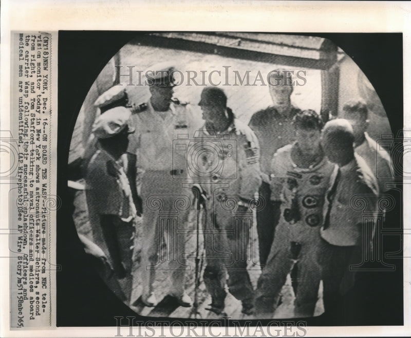 Load image into Gallery viewer, 1965 Press Photo Astronauts Walter Schirra, Thomas Stafford Aboard USS Wasp
