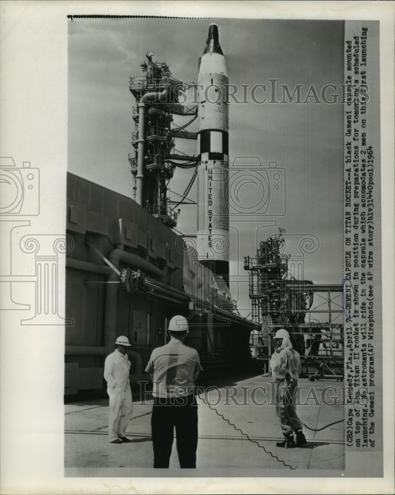 1964 Press Photo Titan 2 Rocket &amp; Unmanned Gemini I Capsule Launch, Cape Kennedy- Historic Images