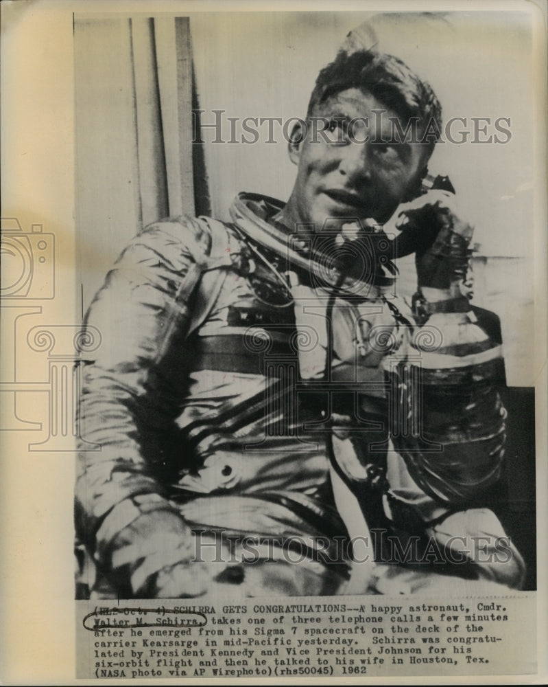1962 Press Photo Astronaut Walter M. Schirra Using Telephone Aboard Kearsarge