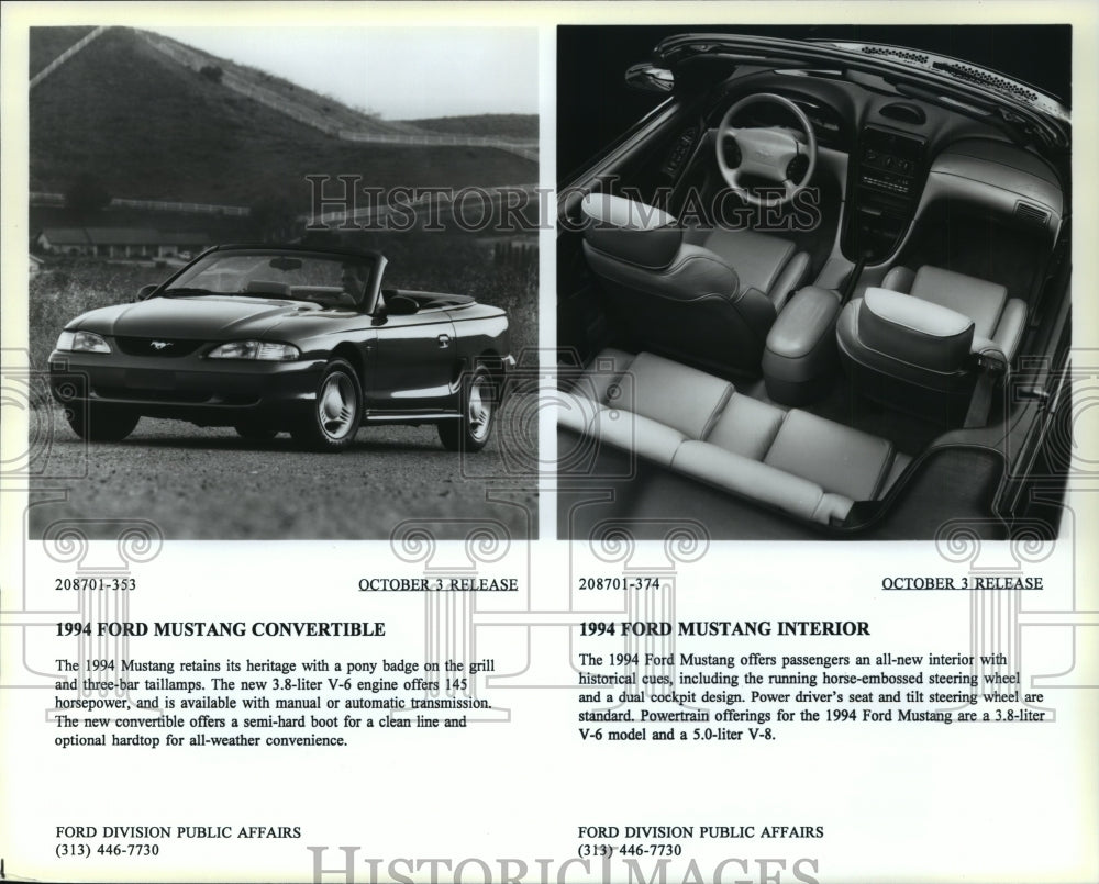 1993 Press Photo 1994 Ford Mustang Convertible, Exterior and Interior of Car- Historic Images