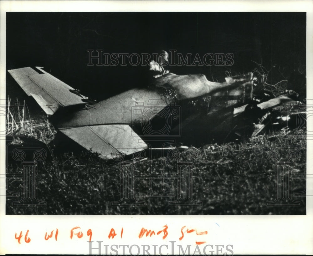 1986 Press Photo Official Surveys Wreckage, Small Plane in Bonnet Carre Spillway- Historic Images