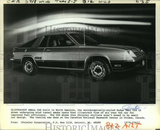 1979 Press Photo Wind tunnel testing, Dodge Omni 024 automobile in Canada- Historic Images