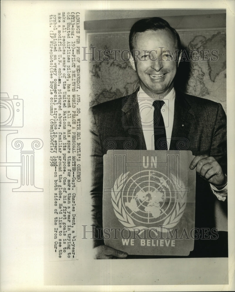 Load image into Gallery viewer, 1958 Press Photo Captain Charles Dent, a 41 year old United Airlines pilot
