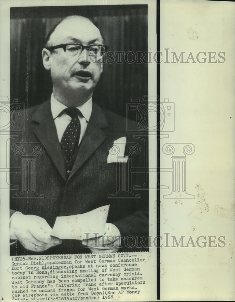 1968 Press Photo Gunter Diehl, spokesman for West German Chancellor- Historic Images