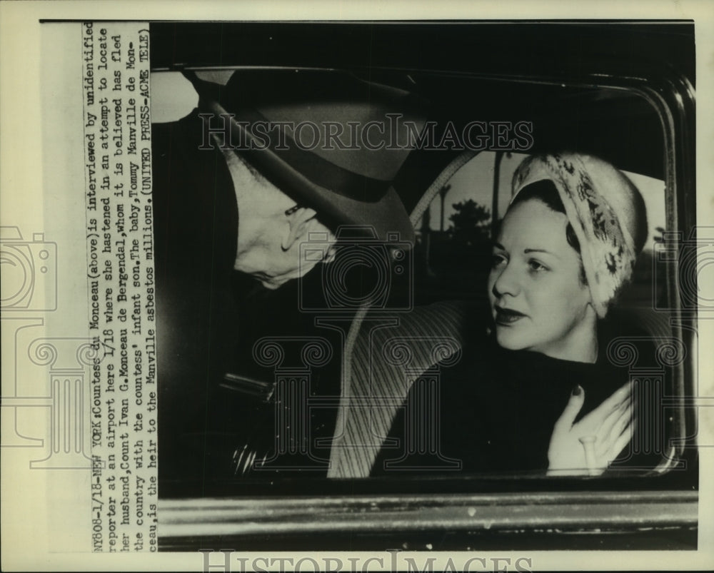 1952 Press Photo Countell du Monceau being interviewed, looking for husband, son