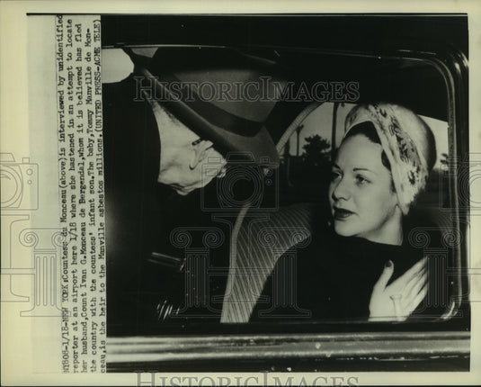 1952 Press Photo Countell du Monceau being interviewed, looking for husband, son