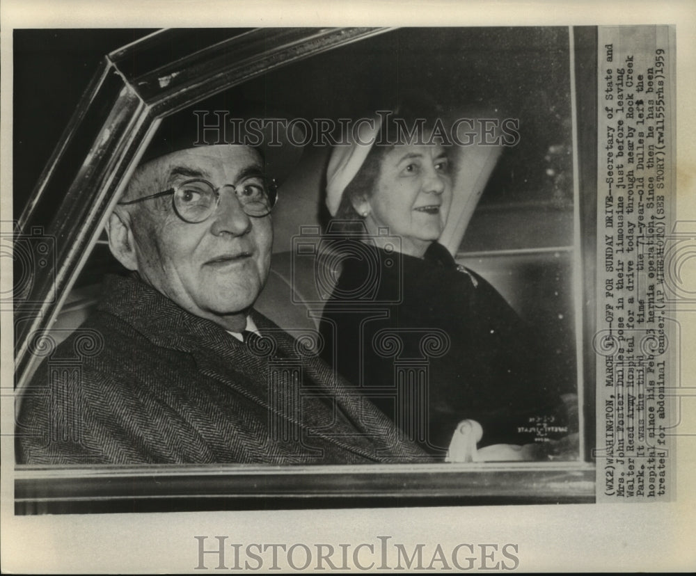 1959 Press Photo Secretary of State John Foster Dulles, Wife Leave Hospital