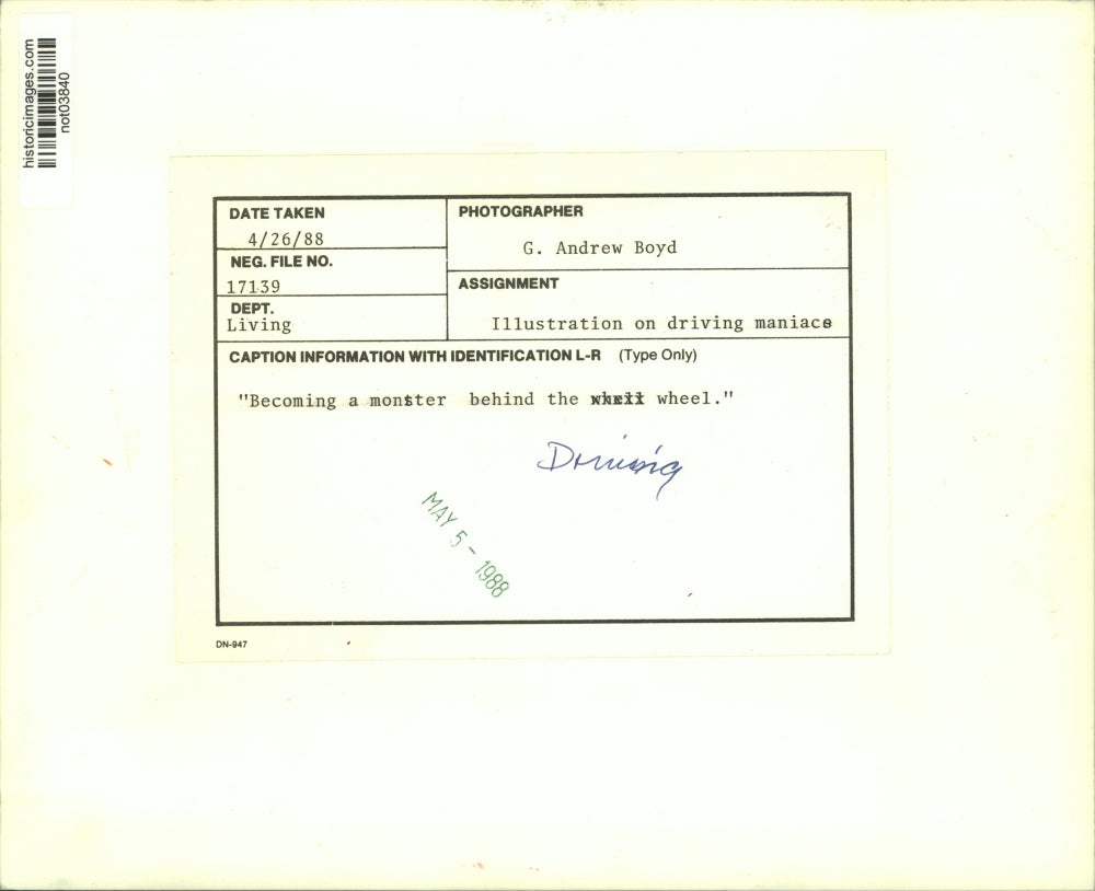 1988 Press Photo A man "Becomes a monster behind the wheel" of a car - not03840