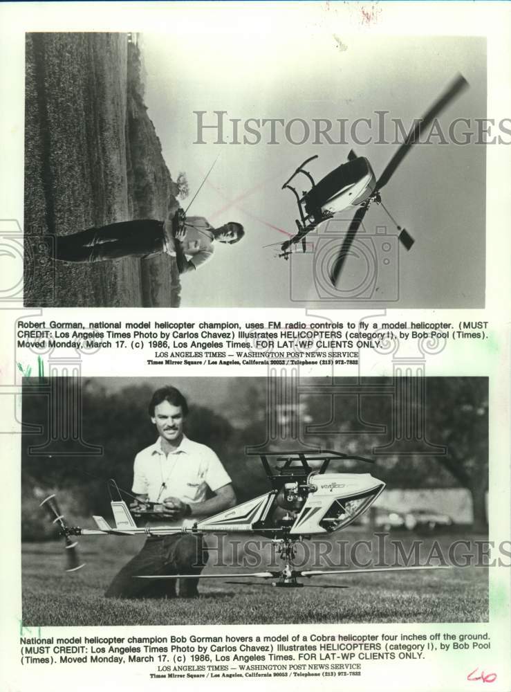 Load image into Gallery viewer, 1986 Press Photo Helicopter model champion, Bob Gorman with his model helicopter
