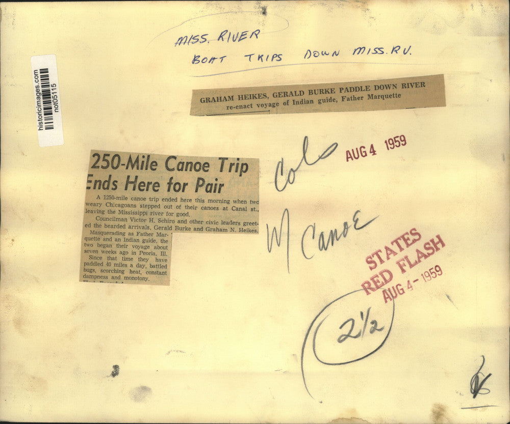 1959 Press Photo Mississippi River canoe riders end trip on Canal Street