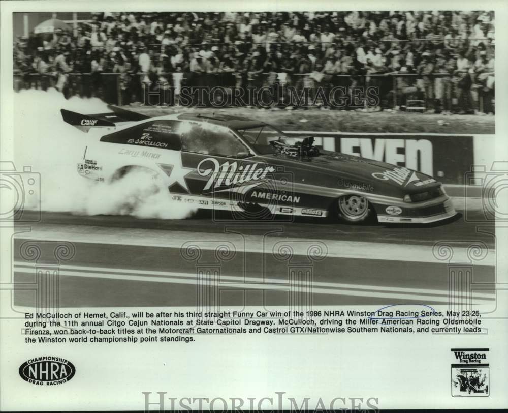 1986 Press Photo Racer Ed McCulloch In Miller American Racing Oldsmobile Firenza- Historic Images