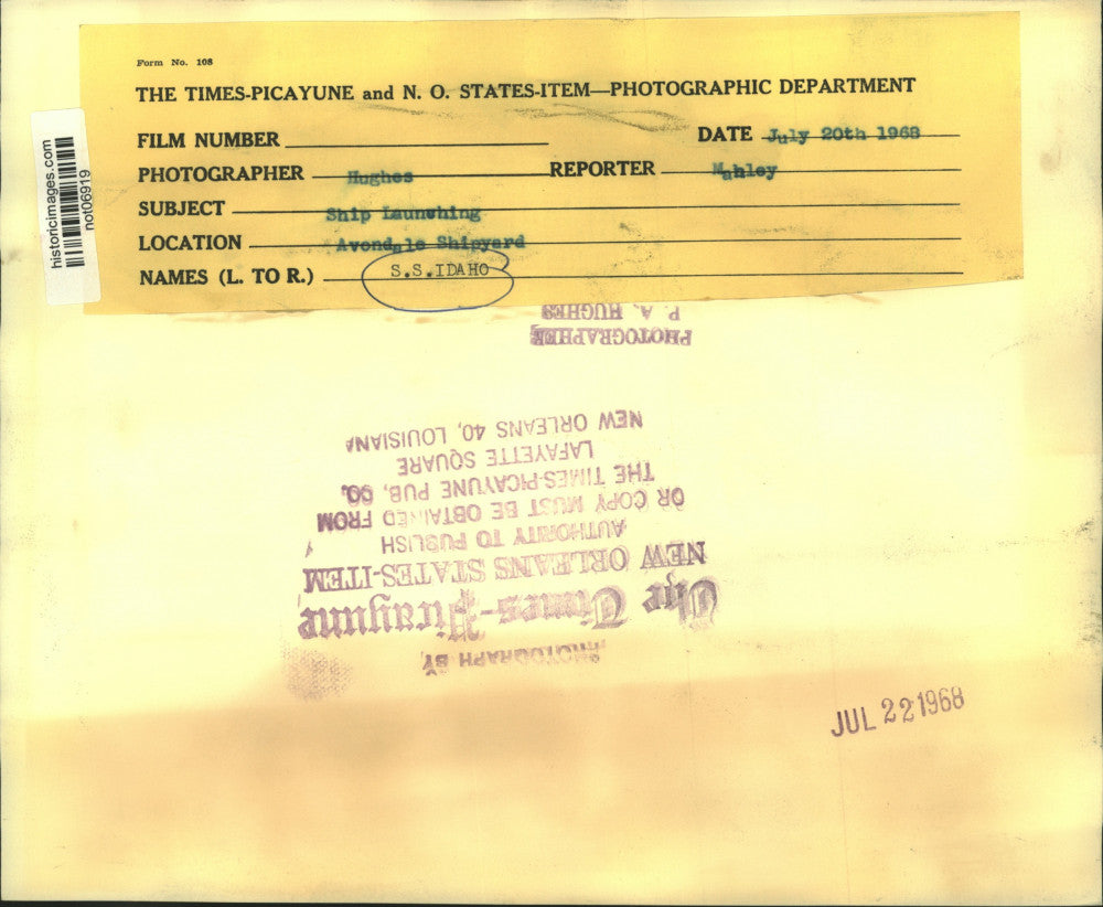 1968 Press Photo S. S. Idaho, ship launching at Avondale Shipyard - not06919