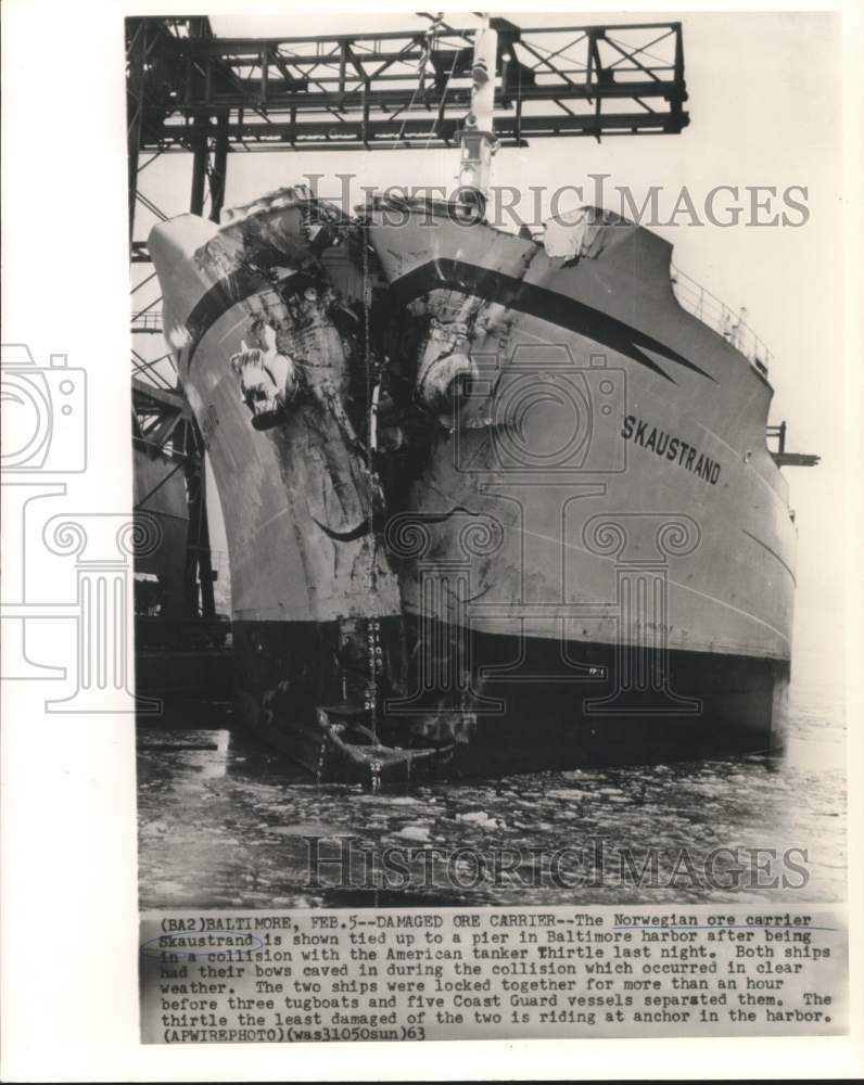 1963 Press Photo The Norwegian ore carrier Skaustrand tied in Baltimore harbor