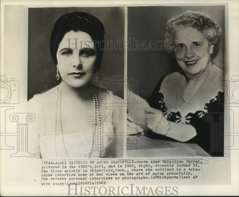 1963 Press Photo Opera star Geraldine Farrar pictured in 1920 & 1950 - now00643