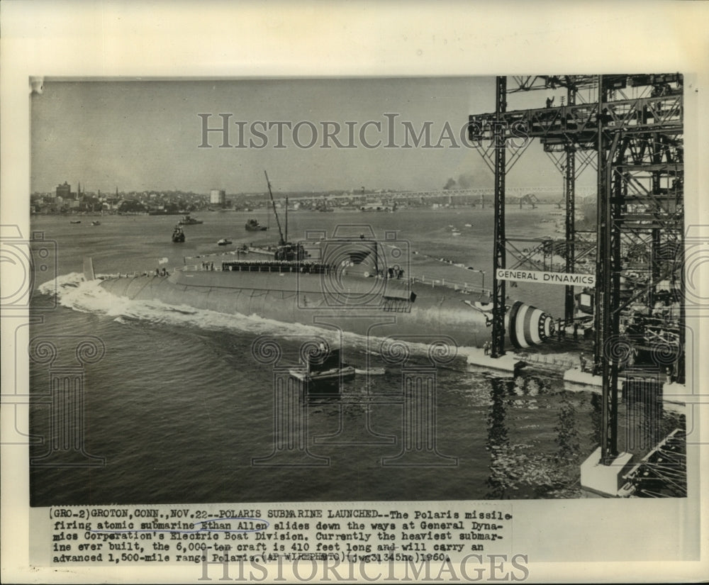1960 Press Photo Polaris submarine The Ethan Allen launched. - now00755